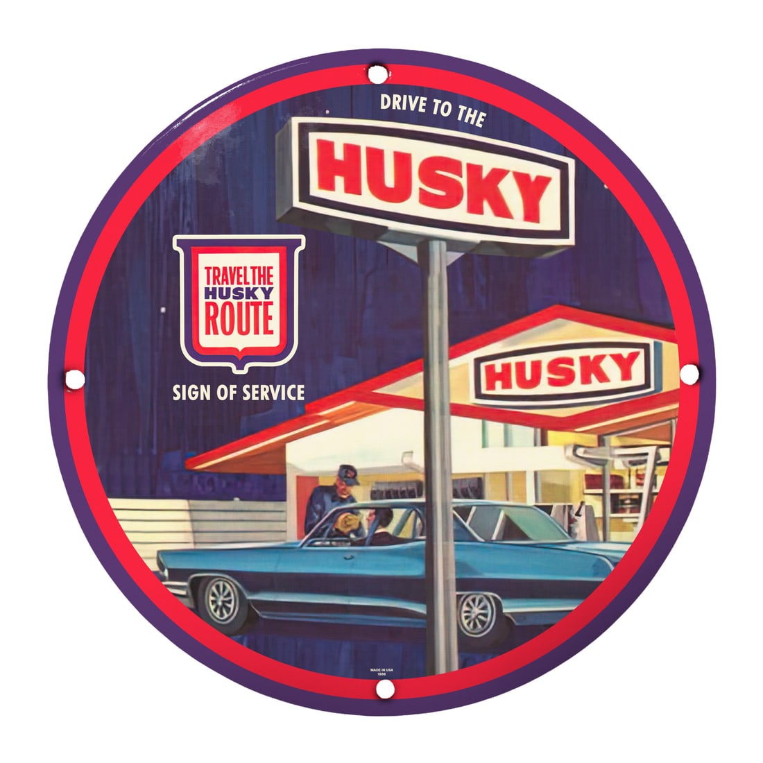 Vintage Husky Route 8" Porcelain Sign - Classic Gas Station Decor: Discover the charm of retro Americana with this stunning 8-inch porcelain sign featuring the iconic Husky Route logo. Perfect for collectors of vintage gas station memorabilia, this high-quality sign