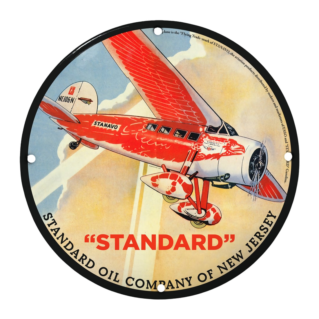 Vintage 8" Porcelain Standard Oil Company Aircraft Sign - Iconic Collectible Memorabilia: Elevate your space with this exquisite 8-inch porcelain sign featuring the iconic Standard Oil Company of New Jersey. This vintage collectible showcases a beautifully illustrated aircraft, embodying t