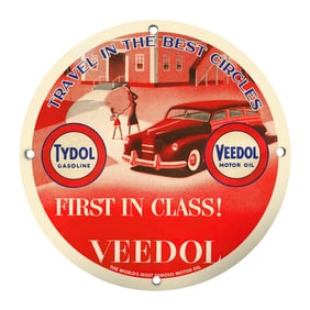 Vintage 8" Porcelain Sign: Tydol Gasoline & Veedol Motor Oil - Travel in Style