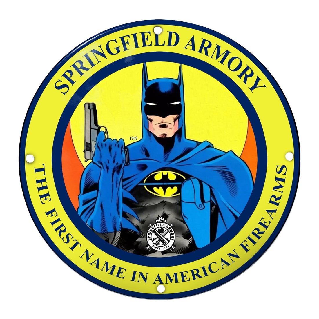Springfield Armory Batman Porcelain Sign - Iconic American Firearms Art: This stunning 8" porcelain sign features the iconic Batman character alongside the esteemed Springfield Armory logo, celebrating a legacy known as 'The First Name in American Firearms.' Crafted from h