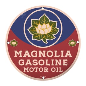 Vintage 8" Round Magnolia Gasoline Motor Oil Porcelain Sign for Collectors and Decor