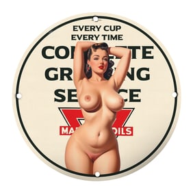 Vintage 8" Round Porcelain Sign - Retro Pin-Up Art - Complete Grooming Service