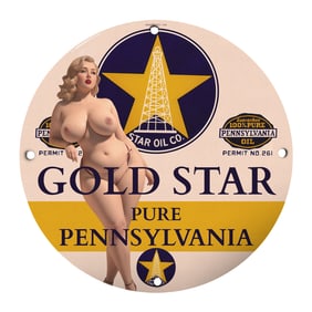 Vintage 8" Round Gold Star Oil Co. Porcelain Sign with Rare Design