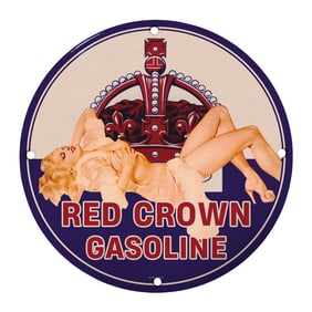 Rare 8" Round Porcelain Sign: Red Crown Gasoline Vintage Design