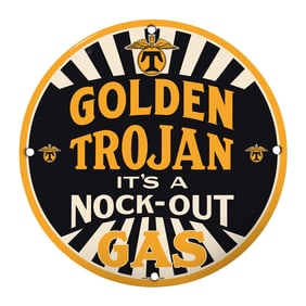 Rare 8" Round Golden Trojan Porcelain Sign - Vintage Nock-Out Gas Collectible