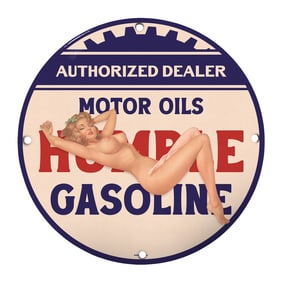 Vintage 8" Round Humble Gasoline Porcelain Sign - Rare Motor Oil Decor