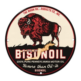 Vintage 8" Round Porcelain Bison Oil Sign - Rare Collectible Motor Oil Advertisement