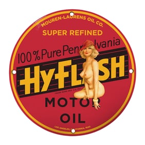 Vintage 8" Round Rare Design Porcelain Sign - HyFlash Motor Oil Collectible