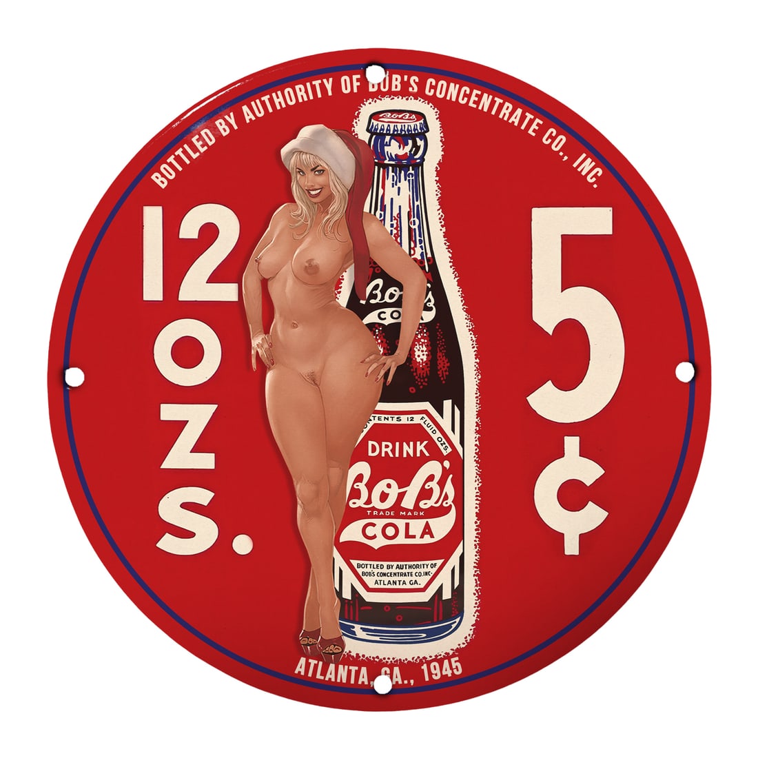 Rare 8" Round Porcelain Sign - Vintage Bob's Cola with Iconic Pin-Up Design (1 of 1)