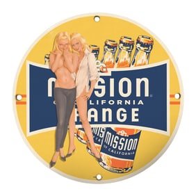 Stunning 8" Round Rare Design Porcelain Sign ? Mission Orange Design for Collectors