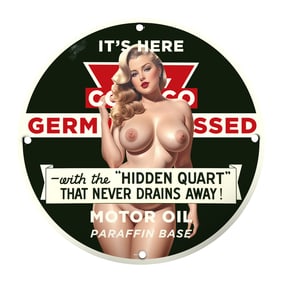 Rare 8" Round Porcelain Sign Featuring Vintage Motor Oil Design - Collectible Memorabilia
