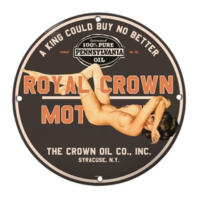 Rare 8-Inch Round Royal Crown Motor Porcelain Sign - Vintage Collectible