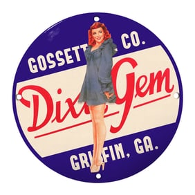 Rare 8" Round Porcelain Sign - Gossett Co. Dixie Gem Vintage Style Art