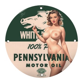 Vintage 8" Round Porcelain Sign - 100% Pure Pennsylvania Motor Oil with Rare Design