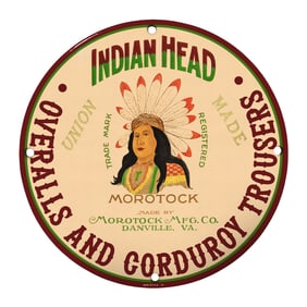 Vintage 8" Round Indian Head Porcelain Sign for Morotock Overalls & Trousers