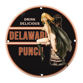 Unique 8" Round Porcelain Sign - Vintage Delaware Punch Ad with Rare Design
