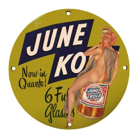 Rare 8-Inch Round June Kola Porcelain Sign - Vintage Collectible with Unique Design