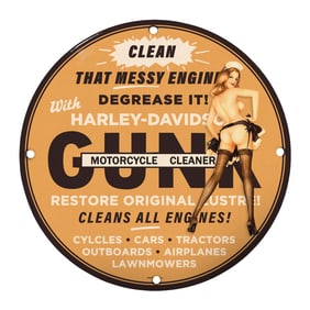 Vintage 8" Round Porcelain Sign - Harley-Davidson GUNK Motorcycle Cleaner