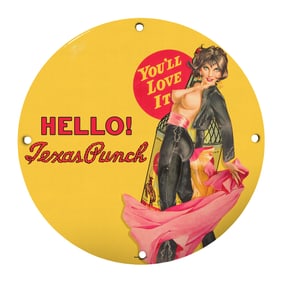 Rare 8" Round Vintage Porcelain Sign ? Texas Punch ? Eye-Catching Collectible!