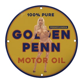 Unique 8-Inch Round Golden Penn Motor Oil Porcelain Sign ? Vintage Design for Collectors