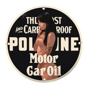 Rare 8" Round Porcelain Sign - Pololine Motor Car Oil - Vintage Automotive Decor