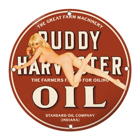 Rare 8" Round Porcelain Sign Featuring Vintage Buddy Harvester Oil Design