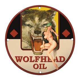 Rare 8" Porcelain Sign: Vintage Wolfhead Oil with Unique Artwork Design
