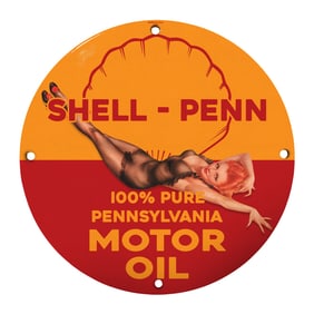 Vintage Shell Penn 8" Round Porcelain Sign - Rare Collectible Motor Oil D?cor