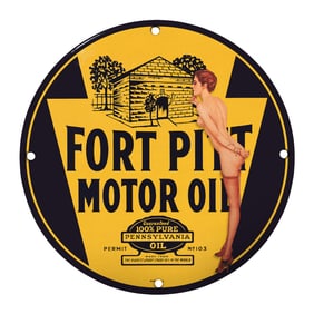 Rare 8" Round Fort Pitt Motor Oil Porcelain Sign - Vintage Collectible for Bidding