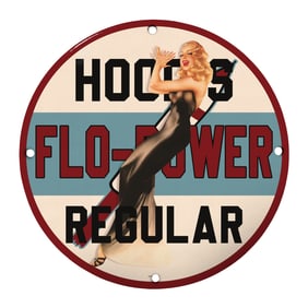 Vintage 8" Round Rare Design Porcelain Sign - HOO'S FLO-POWER REGULAR