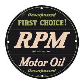 Rare Vintage 8" Round RPM Motor Oil Porcelain Sign - First Choice Collectible Artwork