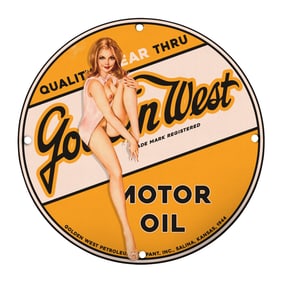 Rare Vintage 8" Round Golden West Motor Oil Porcelain Sign - Collectible Automotive Decor
