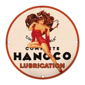 Rare 8" Round Porcelain Sign ? Complete Hanoco Lubrication Vintage Design