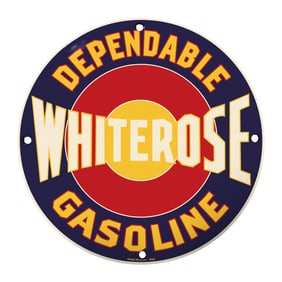Rare 8-Inch Round Porcelain Sign - Whiterose Gasoline - Vintage Collectible Decor