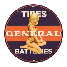 Rare Vintage Porcelain Sign: 8" Round Tides General Batteries Artwork collectible