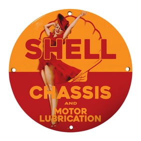 Rare 8" Round Vintage Porcelain Shell Chassis Sign - Unique Automotive Decor