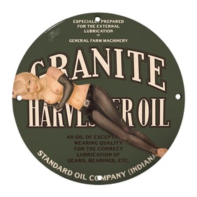 Vintage 8" Round Porcelain Sign ? Granite Harvest Oil for Farm Machinery