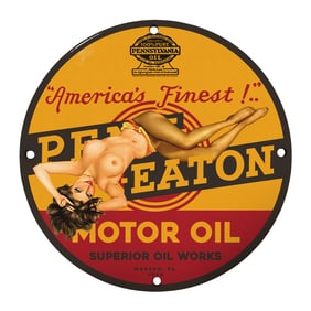 Rare 8" Round Porcelain Sign: Vintage Pen-Eaton Motor Oil Advertising Memorabilia