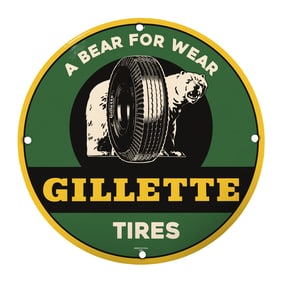 Rare 8" Round Gillette Tires Porcelain Sign with Bear Design - Collectible Vintage Art