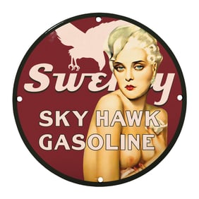 Rare 8" Round Porcelain Sign: Sweeny Sky Hawk Gasoline Vintage Design