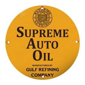 Rare 8-Inch Round 'Supreme Auto Oil' Porcelain Sign - Vintage Gulf Refining Company Collectible
