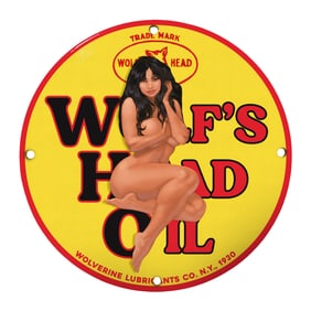 Rare 8" Round Porcelain Sign - Vintage Wolf's Head Oil Advertisement