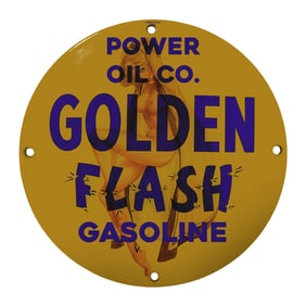 Rare 8" Round Vintage Power Oil Co. 'Golden Flash' Porcelain Sign ? Collectible Gasoline Memorabilia