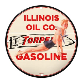 Rare Vintage 8" Round Illinois Oil Co. Torpedo Gasoline Porcelain Sign - Collectible Memorabilia