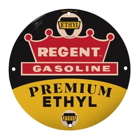 Rare 8" Round Porcelain Sign: Regent Gasoline Premium Ethyl Vintage Design