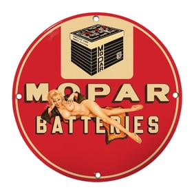 Vintage 8" Round Mopar Batteries Porcelain Sign - Rare Collectible Automobile Art
