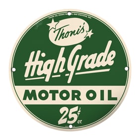 Rare 8" Round Thoni's High-Grade Motor Oil Porcelain Sign - Vintage Collectible