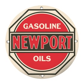 Vintage 8" Round Newport Gasoline Porcelain Sign - Rare Design Collectible