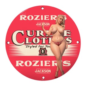 Rare 8-Inch Round Porcelain Sign - Vintage Curvy Clothing Design for Collectors