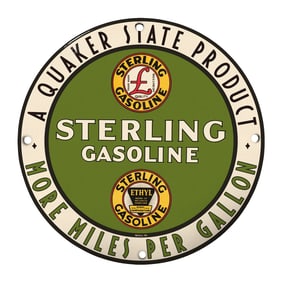 Rare 8" Round Sterling Gasoline Porcelain Sign - Vintage Gas Station Memorabilia